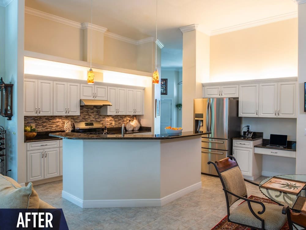 After photo of a cabinet refacing and kitchen remodelling done by Cornerstone Builders